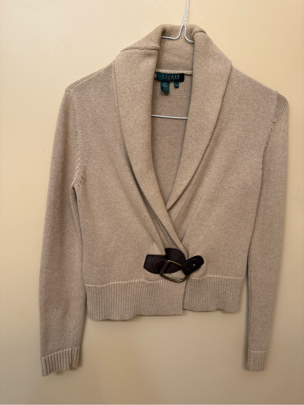 Ralph Lauren Beige Shawl Collar Cardigan with Leather Buckle small spot on sleev